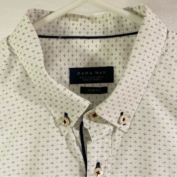 Zara Man Men's Medium White Patterned Slim Fit Button Down Dress Shirt - Picture 9 of 11
